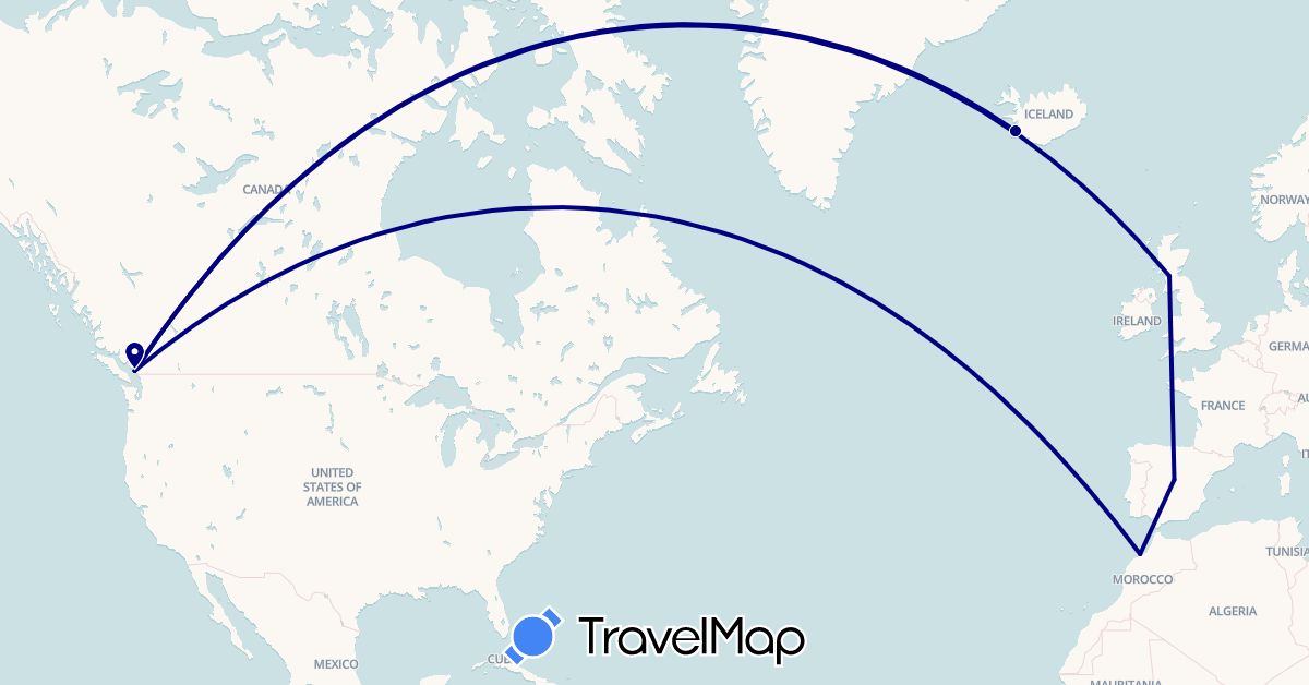 TravelMap itinerary: driving in Canada, Spain, United Kingdom, Iceland, Morocco (Africa, Europe, North America)